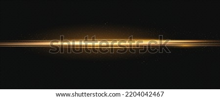 Gold horizontal lens flares pack. Laser beams, horizontal light rays. Glow transparent vector light effect set, explosion, shine, spark, solar flare.