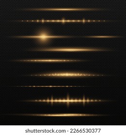 Gold horizontal lens png flares pack. Laser beams, horizontal light rays. Collection effect light png golden line png. Beautiful light flares. Glowing streaks on light background.