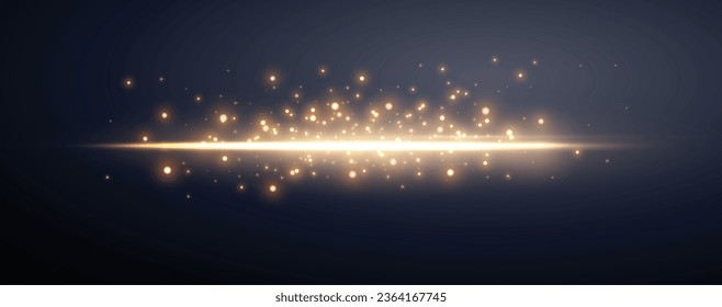 
Gold horizontal lensflare. Light flash with rays or gold spotlight and bokeh. Yellow glow flare light effect. Vector illustration. Isolated on dark transparent background. 