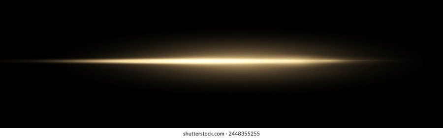 Gold horizontal lensflare. Light flash with rays or gold spotlight and bokeh. Yellow glow flare light effect. Vector illustration. Isolated on dark transparent background.