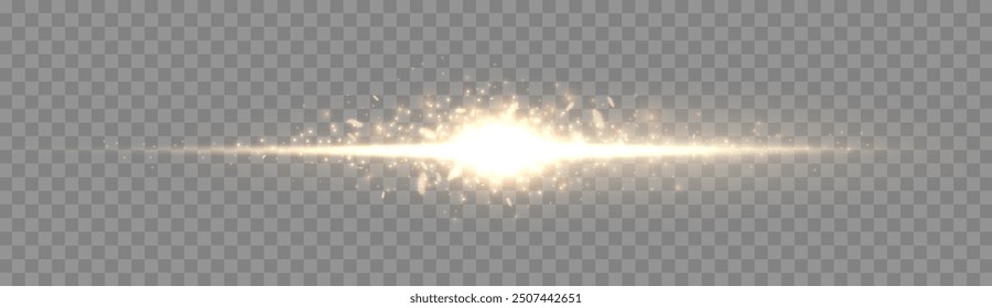 Gold horizontal lensflare. Light flash with rays or gold spotlight and bokeh. Yellow glow flare light effect. Vector illustration. Isolated on dark transparent background.