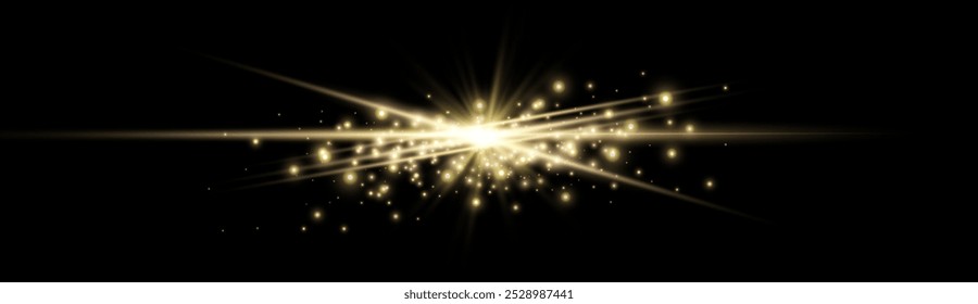 Llamarada de lente Horizontal de oro. Flash de luz con rayos o foco de oro y bokeh. Efecto de luz de destello amarillo. Ilustración vectorial. Aislado sobre fondo negro.