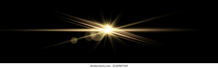 Gold horizontal lensflare. Light flash with rays or gold spotlight and bokeh. Yellow glow flare light effect. Vector illustration. Isolated on black background.