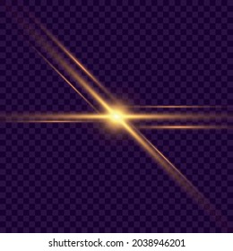 Gold horizontal rays, lens, lines. Laser beams. Blue, purple abstract sparkling lined transparent background. Light flares, effect.