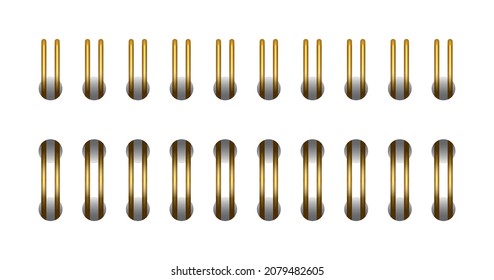 Gold horizontal spiral for open notebook and calendar. Gold spiral wire bindings for sheets of paper. Set vector illustration isolated on realistic style on white background.