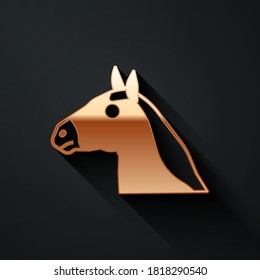 Gold Horse head icon isolated on black background. Animal symbol. Long shadow style. Vector