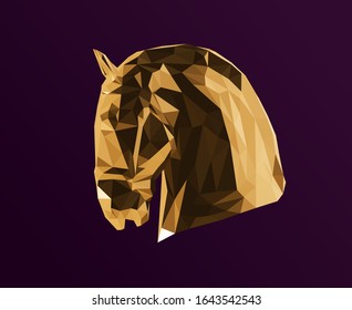 Perfil del caballo de oro en fondo morado. Representación 3D del vector de polipolo negro metálico brillante