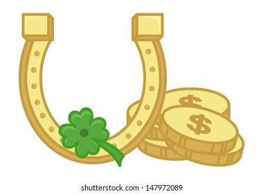Gold Horseshoe, Coins and Clover Leaf on St. Patrick's Day