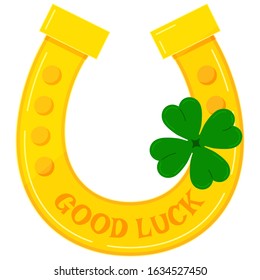 Gold horseshoe with green four leaves clover icon - lucky irish celtic and casino symbol isolated on white background. Good luck and Saint Patrick's Day concept. Flat cartoon style vector illustration