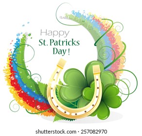 Gold  horseshoe on rainbow background with round place for text.  
St. Patrick's Day background.