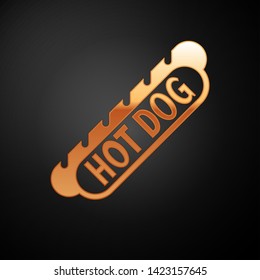 Gold Hotdog sandwich icon isolated on black background. Sausage icon. Fast food sign. Vector Illustration
