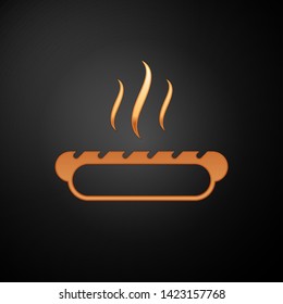 Gold Hotdog sandwich with mustard icon isolated on black background. Sausage icon. Fast food sign. Vector Illustration