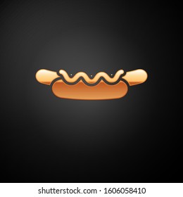 Gold Hotdog sandwich with mustard icon isolated on black background. Sausage icon. Street fast food menu.  Vector Illustration