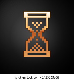Gold Hourglass pixel with flowing sand icon isolated on black background. Sand clock sign. Business and time management concept.  Vector Illustration