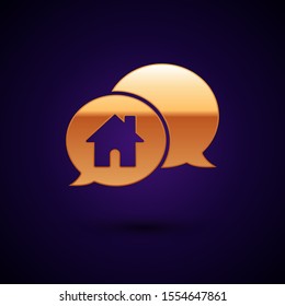 Gold House building in speech bubble icon isolated on dark blue background. Real estate concept.  Vector Illustration