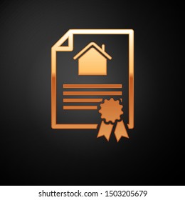 Gold House contract icon isolated on black background. Contract creation service, document formation, application form composition.  Vector Illustration