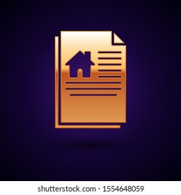 Gold House contract icon isolated on dark blue background. Contract creation service, document formation, application form composition.  Vector Illustration