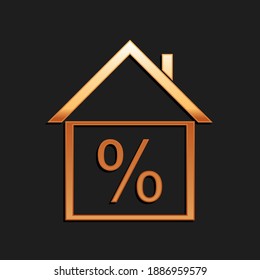 Gold House with discount tag icon isolated on black background. House percentage sign price. Real estate home. Credit percentage symbol. Money loan.Long shadow style. Vector.