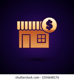 Gold House with dollar symbol icon isolated on dark blue background. Home and money. Real estate concept.  Vector Illustration