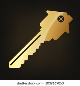 Gold house key icon. Vector illustration. House key, isolated on dark background.