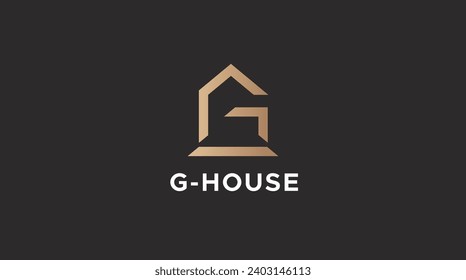 Gold House and letter G Symbol Geometric Linear Style isolated on black Background. Usable for Real Estate, Construction, Architecture and Building Logos.