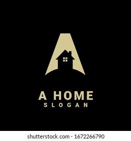 gold house with letter a logo initial design