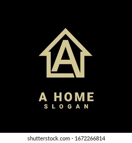 gold house with letter a logo initial design