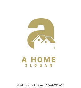 gold house with letter a logo initial design