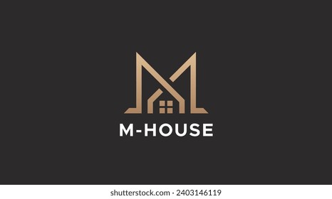 Gold House and letter M Symbol Geometric Linear Style isolated on black Background. Usable for Real Estate, Construction, Architecture and Building Logos.