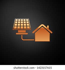 Gold House with solar panel icon isolated on black background. Ecology, solar renewable energy. Eco-friendly house. Environmental Protection. Vector Illustration