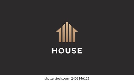 Gold House Symbol Geometric Linear Style isolated on black Background. Usable for Real Estate, Construction, Architecture and Building Logos.