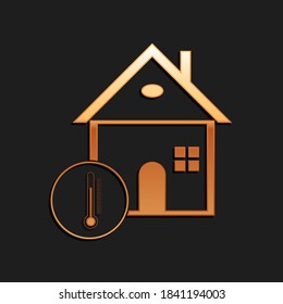 Gold House temperature icon isolated on black background. Thermometer icon. Long shadow style. Vector.