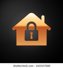 Gold House under protection icon isolated on black background. Home and lock. Protection, safety, security, protect, defense concept. Vector Illustration