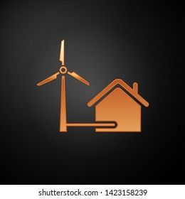 Gold House with wind turbine for electric energy generation icon isolated on black background. Eco-friendly house. Environmental Protection. Vector Illustration