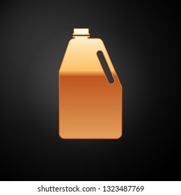 Gold Household chemicals blank plastic bottle icon isolated on black background. Liquid detergent or soap, stain remover, laundry bleach. Vector Illustration