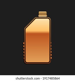 Gold Household chemicals bottle icon isolated on black background. Liquid detergent or soap, stain remover, laundry bleach, bathroom or toilet cleaner. Long shadow style. Vector.