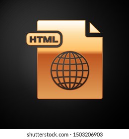 Gold HTML file document. Download html button icon isolated on black background. HTML file symbol. Markup language symbol.  Vector Illustration