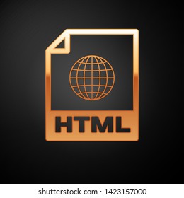 Gold HTML file document icon. Download html button icon isolated on black background. HTML file symbol. Markup language symbol. Vector Illustration