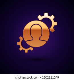 Gold Human with gear inside icon isolated on dark blue background. Artificial intelligence. Thinking brain sign. Symbol work of brain.  Vector Illustration