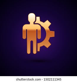 Gold Human with gear inside icon isolated on dark blue background. Artificial intelligence. Thinking brain sign. Symbol work of brain.  Vector Illustration