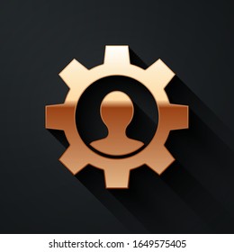 Gold Human with gear inside icon isolated on black background. Artificial intelligence. Thinking brain sign. Symbol work of brain. Long shadow style. Vector Illustration