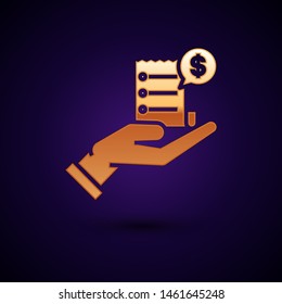 Gold Human hand holding with blank receipt or bill for payment icon isolated on dark blue background. Banking and business operations.  Vector Illustration