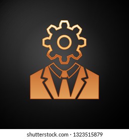 Gold Human head with gear inside icon isolated on black background. Artificial intelligence. Thinking brain sign. Symbol work of brain. Vector Illustration