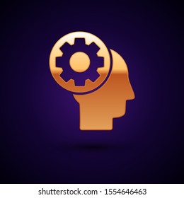 Gold Human head with gear inside icon isolated on dark blue background. Artificial intelligence. Thinking brain sign. Symbol work of brain.  Vector Illustration