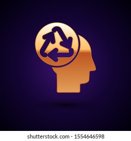 Gold Human head with recycle icon isolated on dark blue background. Recycling thinking. Ecology friendly.  Vector Illustration