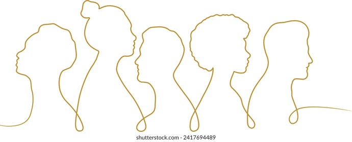 Gold human shapes diversity vector banner, single line crowd illustration border design
