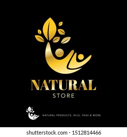GOLD HUMAN SILHOUETTES WITH LEAVES, NATURAL LIFESTYLE LOGO - ICON 