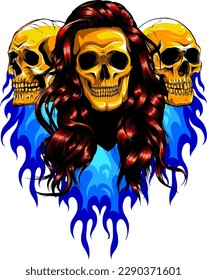 gold human skull with blue flames and fire vector illustration on white background