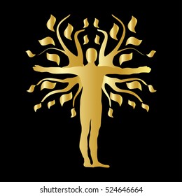 Gold Human Tree Silhouette Icon Symbol Design. Vector illustration isolated on black background. 