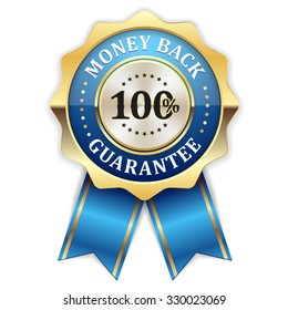 Gold hundred percent money back badge with blue ribbon on white background